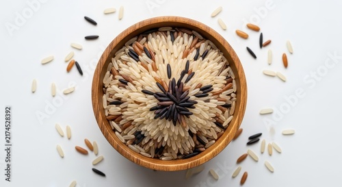Colorful mixed rice grains in wooden bowl on white background.