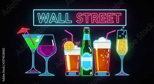 Colorful neon cocktail and beer glasses on dark background.