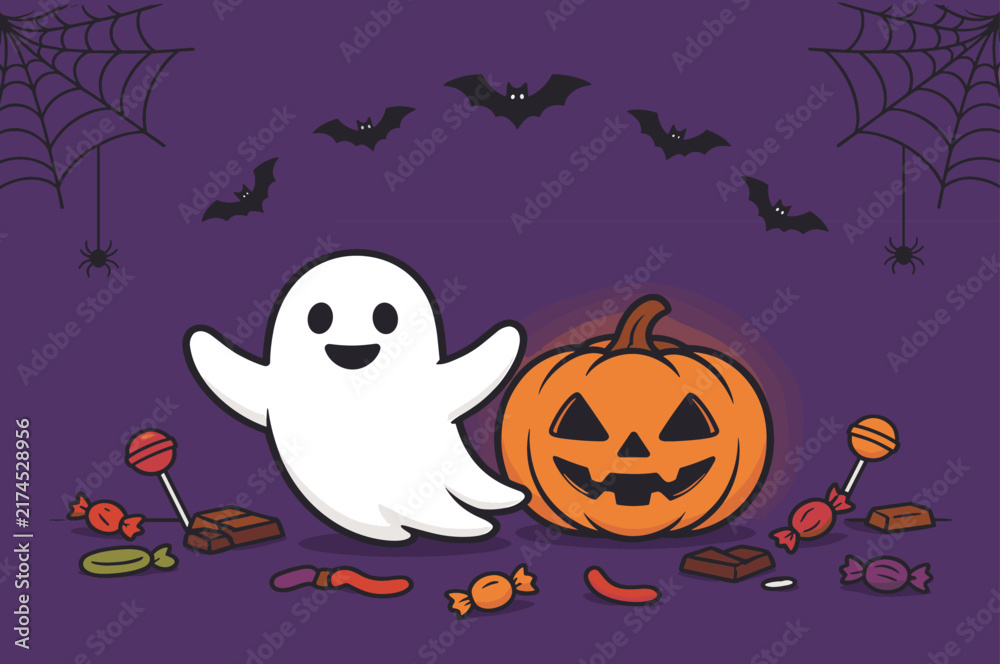 Fototapeta premium Halloween Celebration with Ghost and Pumpkin: A cute and friendly ghost stands next to a grinning jack-o'-lantern.