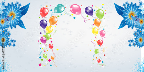 Pink birthday balloons with gold confetti and ribbons on a festive celebration backdrop. Elegant 3D party design with realistic balloon bunches, golden streamers, and gift elements for greeting cards.