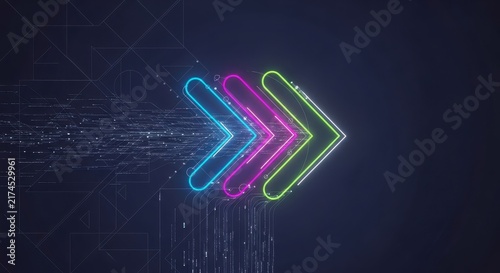 Colorful neon arrows on dark digital background.
