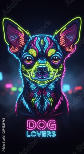 Colorful Neon Chihuahua Dog Artwork with Glowing Effects.