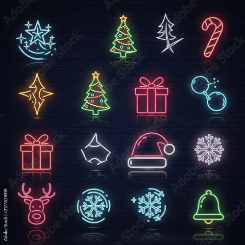 Colorful Neon Christmas Icons Collection on Dark Background.