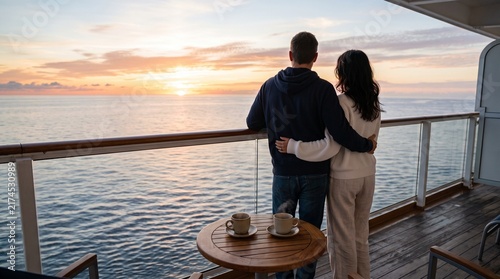 Young couple standing on a cruise ship balcony hugging and watching the beautiful sunset over the ocean