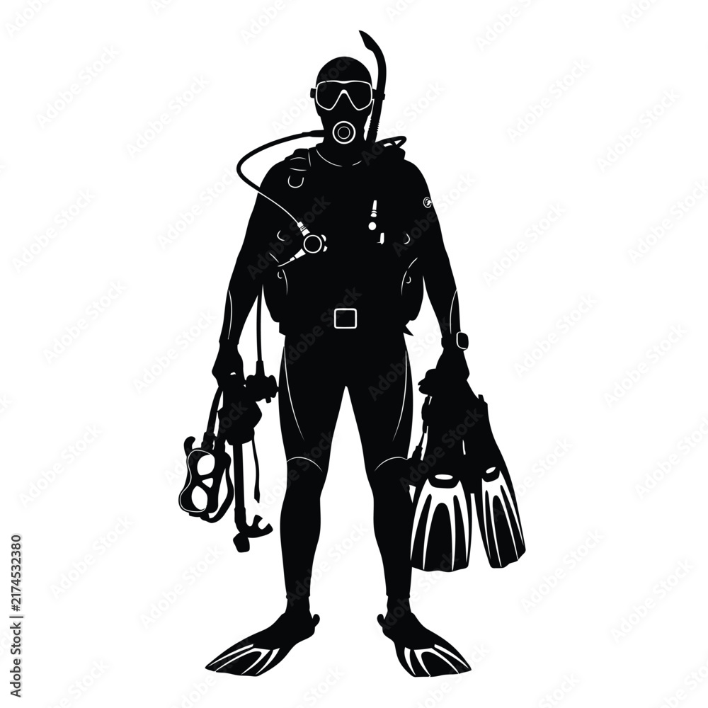 Fototapeta premium Scuba diver silhouette holding diving gear and fins on white background.