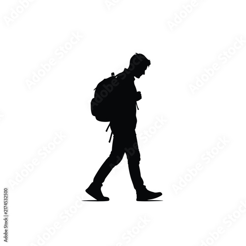 Traveler silhouette walking forward with a large backpack during a journey.