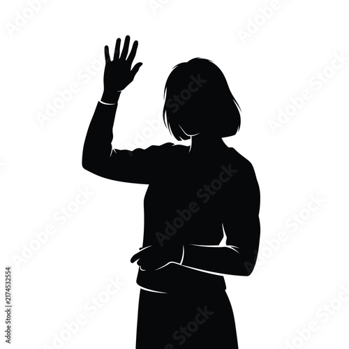 Woman raises her hand to greet someone in a front facing silhouette.