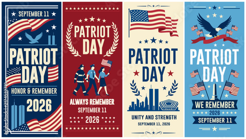 Patriot Day 2026 vertical banner set with American flag graphics, World Trade Center twin towers, bald eagle, first responders, Pentagon silhouette, and Washington Monument illustration.
