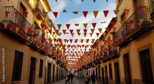 Colorful Street Decorated with Festive Flags and Banners.