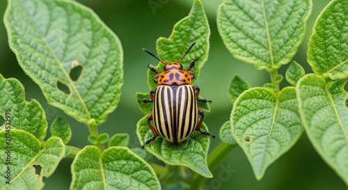 Colorful striped beetle on green potato plant leaves.