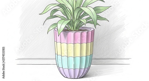 Colorful striped ceramic pot with green spider plant.