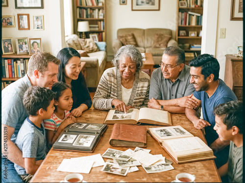 Family Legacy: A multi-generational family gathers around a wooden table, sharing memories and looking through old photo albums, connecting with their past and cherishing their heritage.