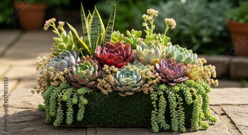 Colorful Succulent Garden in Rectangular Planter Box.