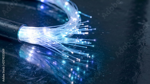 Fiber optic cable glows with blue and white light, representing modern communication and data transfer. The light strands are spread out and illuminated, showcasing the beauty of technology.