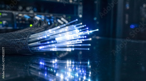 Fiber Optic Cables with Blue Light: A close-up shot showcases a bundle of illuminated fiber optic cables, their delicate strands glowing with a vibrant blue light.