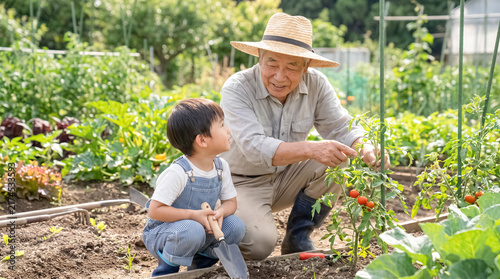 Intergenerational Gardening: An elderly man in a straw hat and a young boy in overalls work together in a vibrant garden, sharing a moment of connection and learning amidst rows of fresh produce.