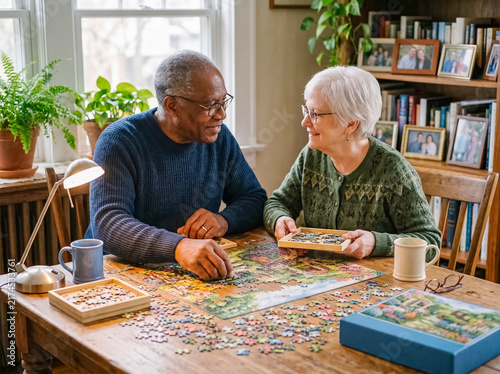 A Joyful Afternoon of Puzzles: An elderly couple shares a warm moment as they complete a jigsaw puzzle together, their faces beaming with contentment and companionship.