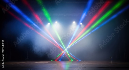 Colorful Stage Lighting Beams in Dark Theater.