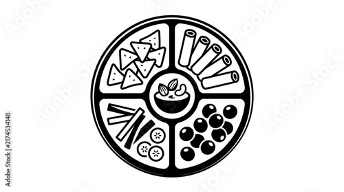 Black and white line art illustration of a snack platter with dips.