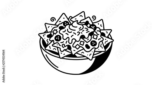 Hand drawn illustration of a bowl of delicious nachos.