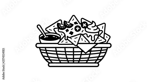 Black and white line art illustration of a basket of nachos with dip.