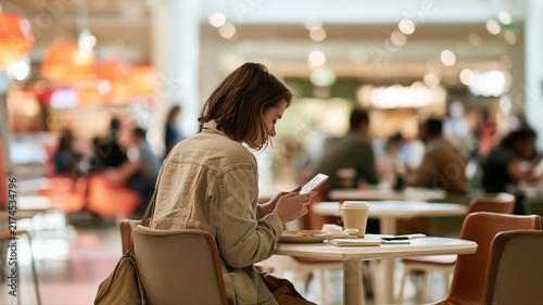 カフェでスマートフォンを操作する女性。リラックスした時間やコミュニケーションのシーンに最適なイメージ。
