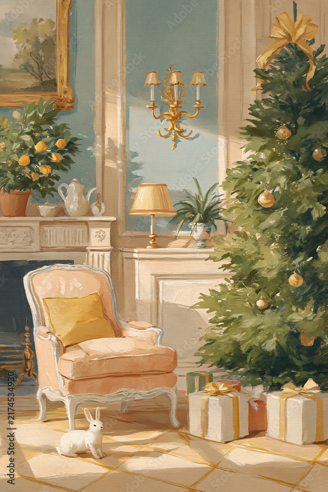 Naklejka premium Elegant living room transforming for Christmas, featuring a decorated tree, wrapped gifts, a comfortable armchair, and a small rabbit