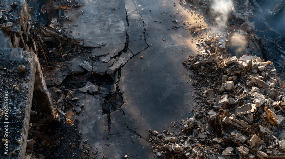 Fototapeta premium High-angle overhead view looking down onto a destroyed concrete floor inside an abandoned industrial facility, cracked slabs, collapsed structural elements, scattered rubble and he