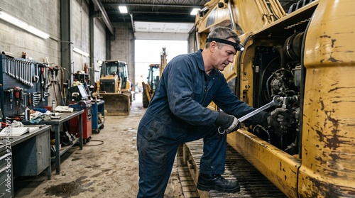 Professional mechanic repairing a large yellow industrial tractor engine inside a busy mechanical workshop garage