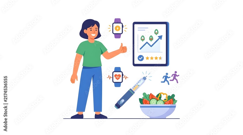 Fototapeta premium Woman with fitness tracker and healthy lifestyle icons.