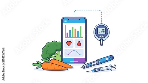 Health monitoring app with medical devices and vegetables.