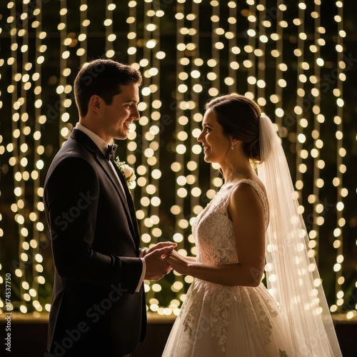 Couple exchanging vows under warm string lights at wedding.