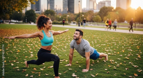 Couple exercising together in a sunny urban park.
