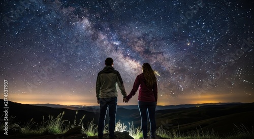 Couple holding hands under starry night sky.