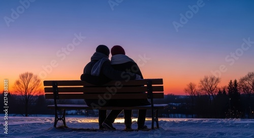 Couple sitting on bench at sunset in winter landscape.