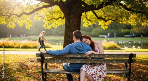 Couple sitting on park bench under autumn tree.