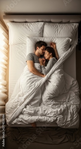 Couple sleeping peacefully in cozy white bed.