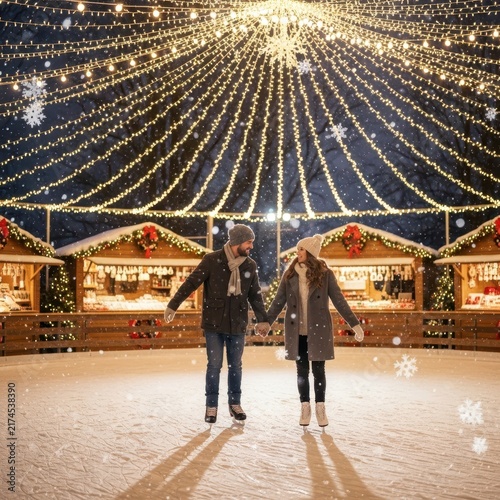 Couple Skating Under Festive Christmas Market Lights.