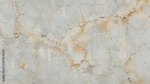 Weathered concrete wall texture, aged cement surface with cracks and rust stains, industrial gray stone background for design