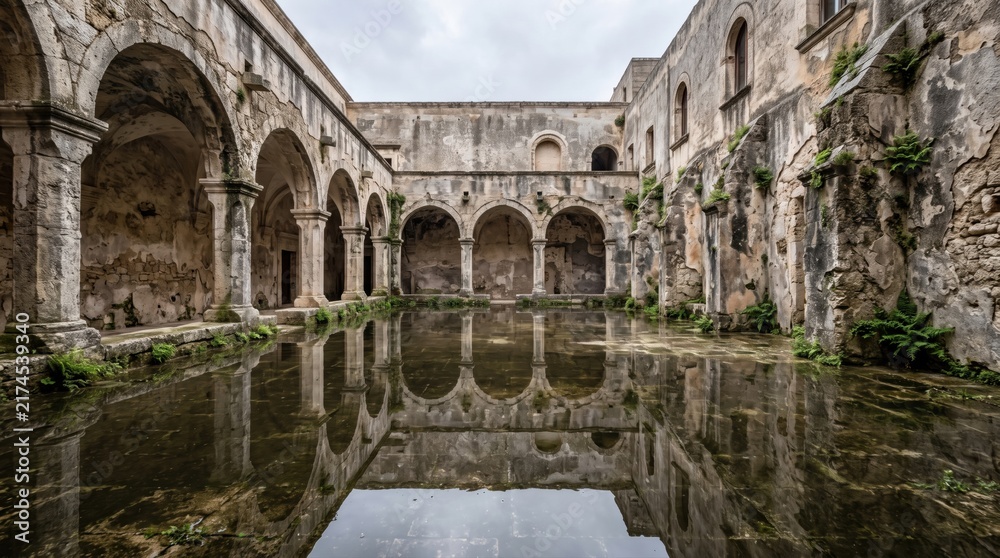 Fototapeta premium Flooded ancient stone courtyard with arched cloisters and water reflection in ruins.