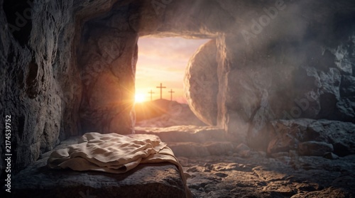 Empty Tomb of Jesus Christ at Sunrise with Three Crosses