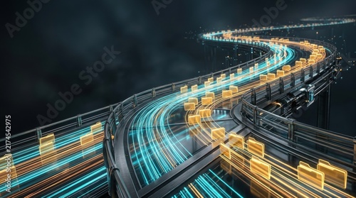 Digital Highway of Data: Abstract visualization of data packets flowing along luminous, futuristic transportation lanes, symbolizing the speed and complexity of information transfer in a modern world.