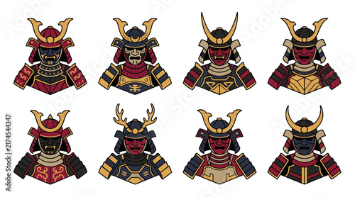 Bild auf Leinwand Decorative set of eight detailed samurai helmet and armor vector illustrations f
