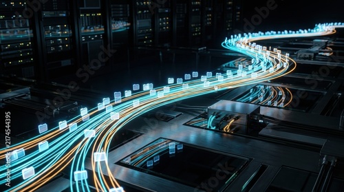 Digital Data Stream: A vibrant, flowing stream of digital data, depicted as illuminated cubes and lines, moves through a futuristic server room.
