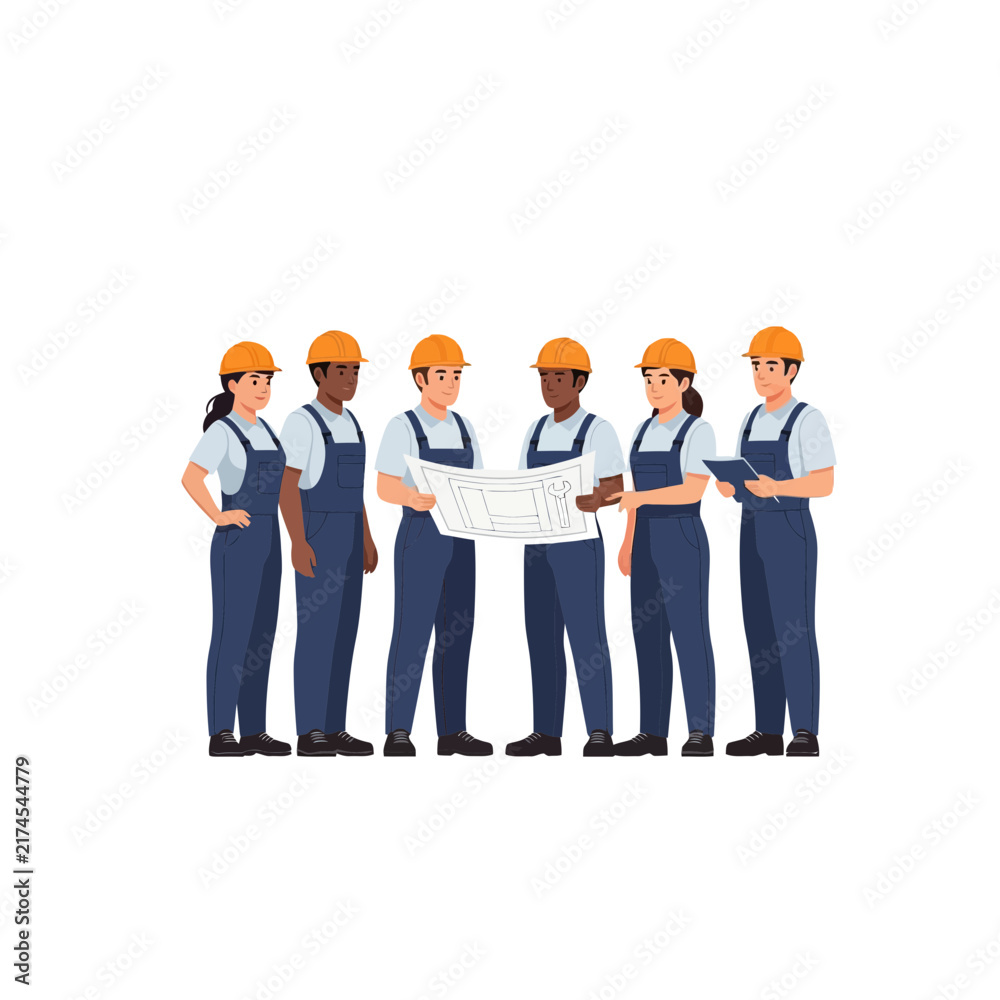 Obraz premium Group of Diverse Construction Workers Reviewing Blueprints Together