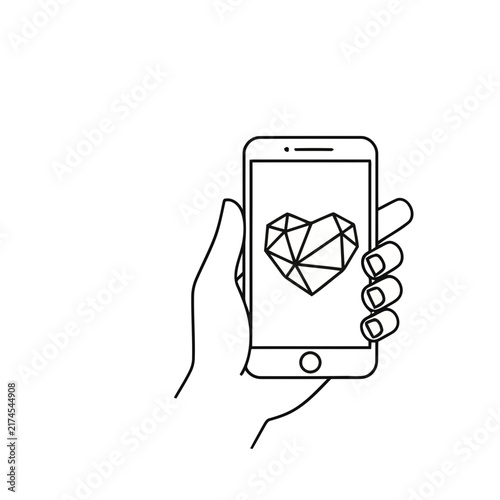 Hand holding smartphone with geometric heart icon