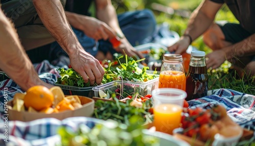 People enjoying a healthy outdoor picnic with fresh food and drinks