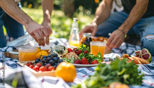 Friends enjoying a vibrant summer picnic with fresh food and drinks outdoors