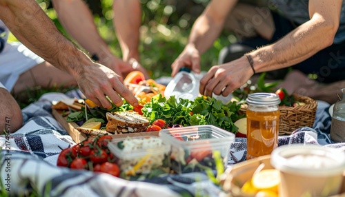 Friends sharing a healthy picnic meal outdoors on a sunny day