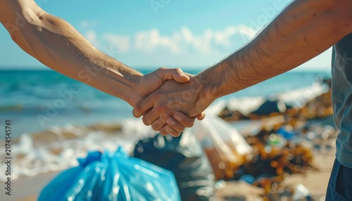 Shaking hands on a beach with collected trash after an environmental cleanup